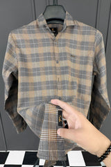 Turbo Plaid Pattern Creation Long Sleeve Cotton Casual Shirt In Grey