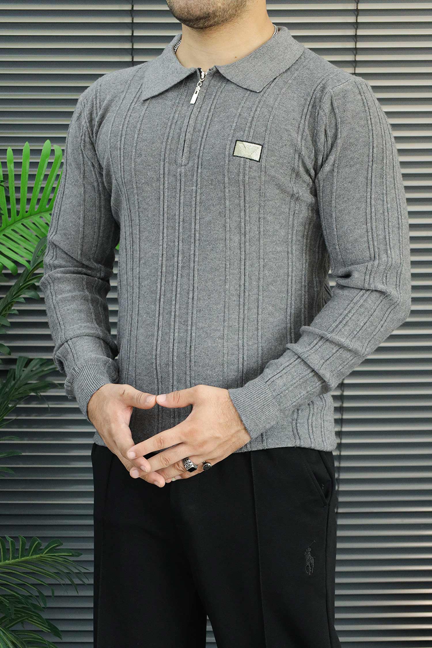 Armni Fine-Knit Collared Zipper Imported Men's Jumper Sweater In Grey
