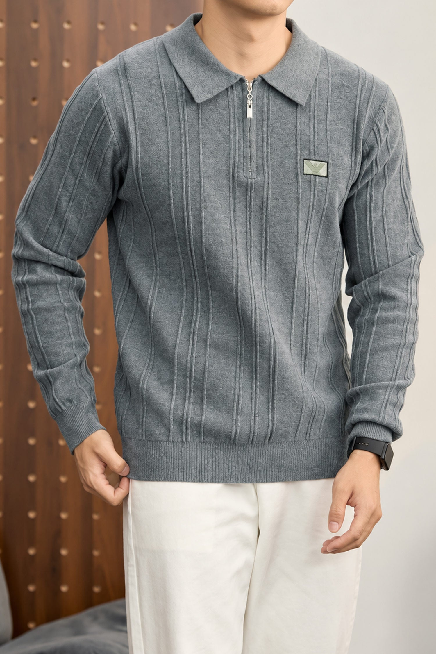 Armni Fine-Knit Collared Zipper Imported Men's Jumper Sweater In Grey