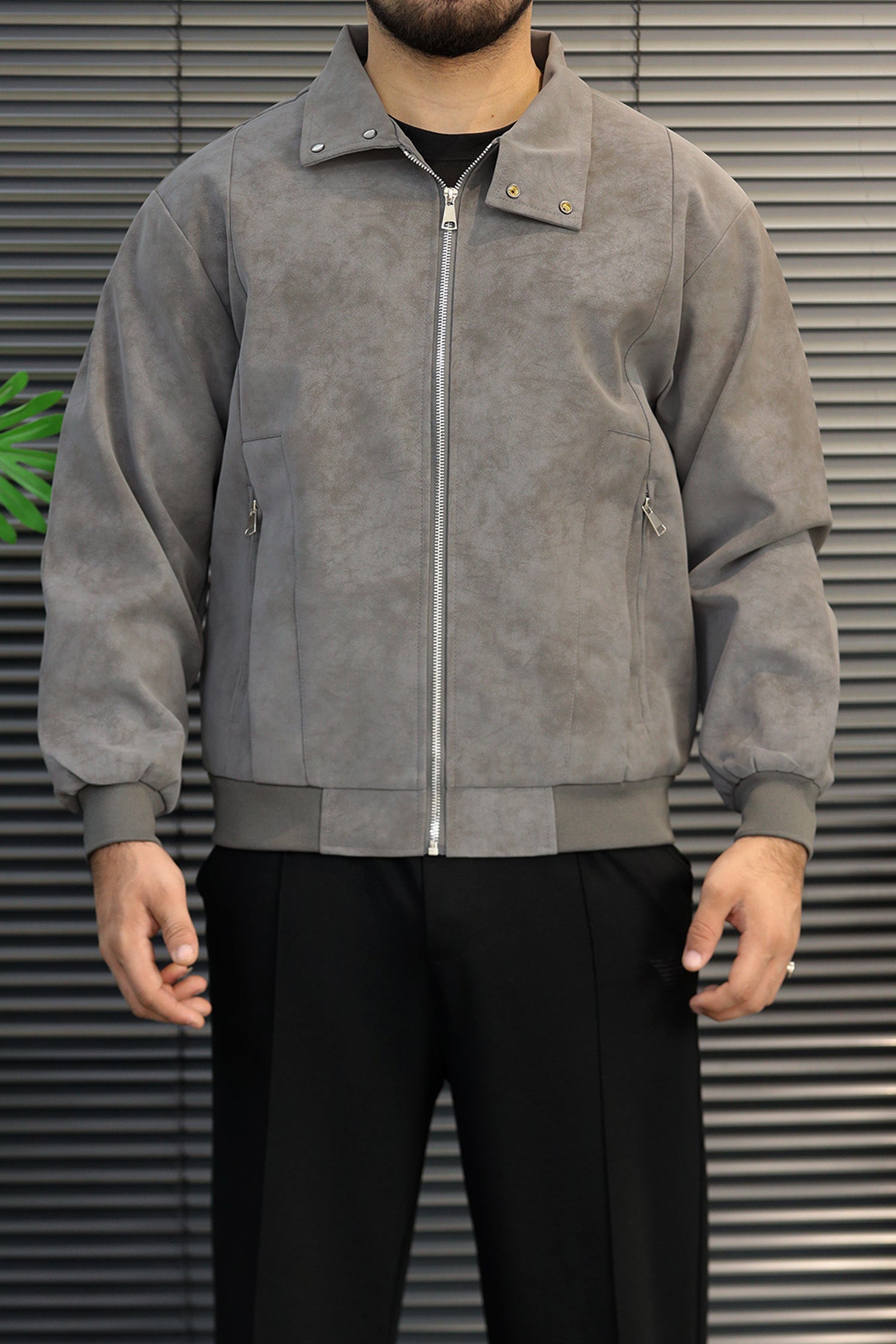 Men's Classic Stand Suede Leather Jacket In Grey
