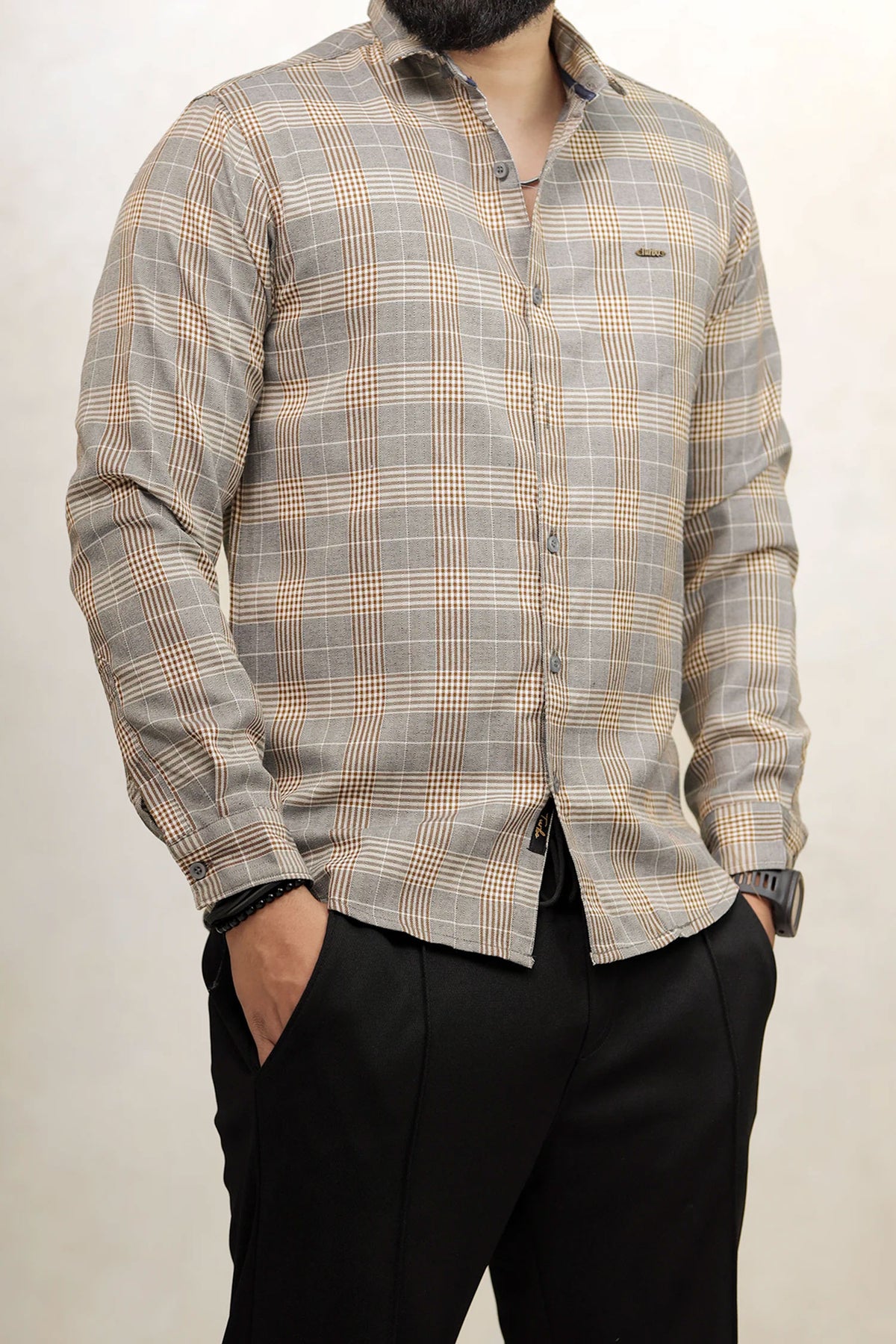 Turbo Plaid Pattern Creation Long Sleeve Cotton Casual Shirt In Grey