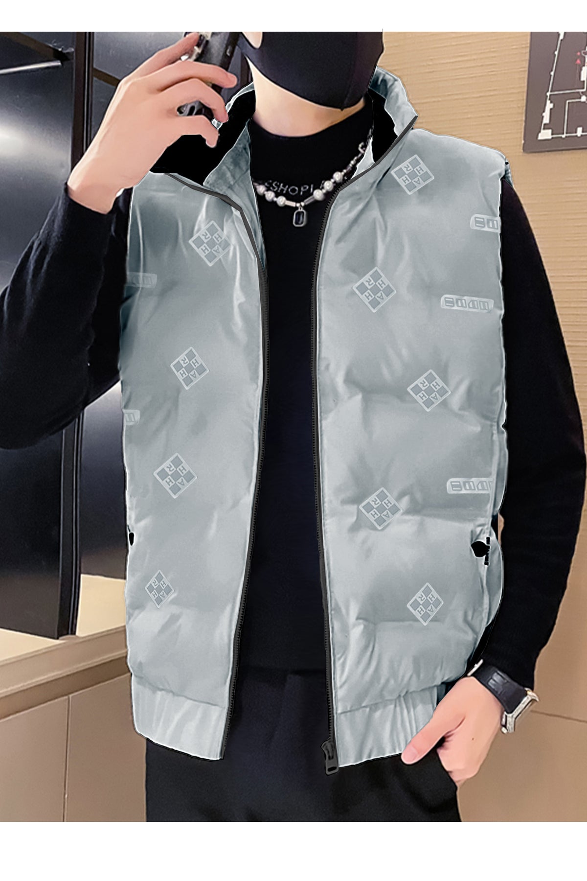 Modern Bubble Quilted Detachable Hood Imported Men's Gilet In Grey