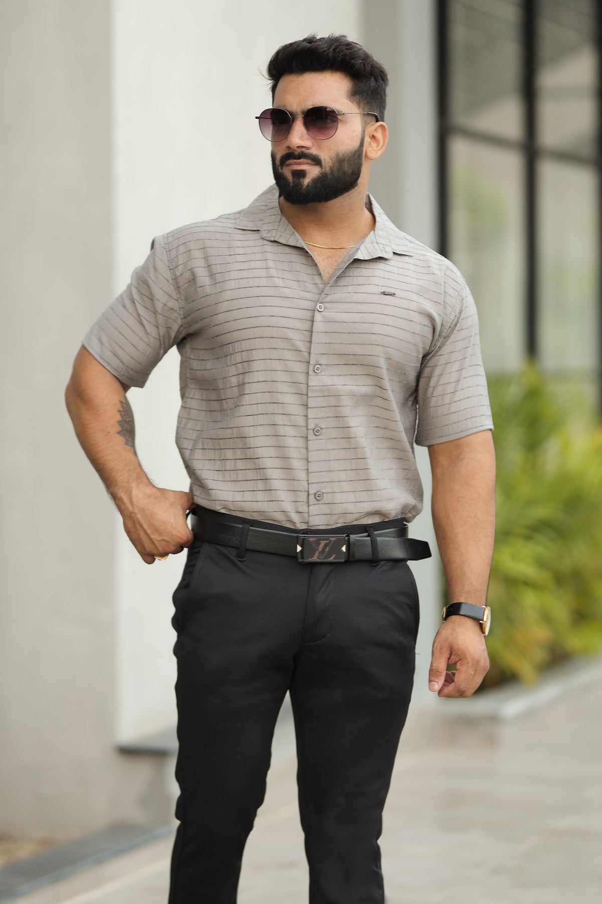 Turbo Snitch Striped Casual Shirt In Grey