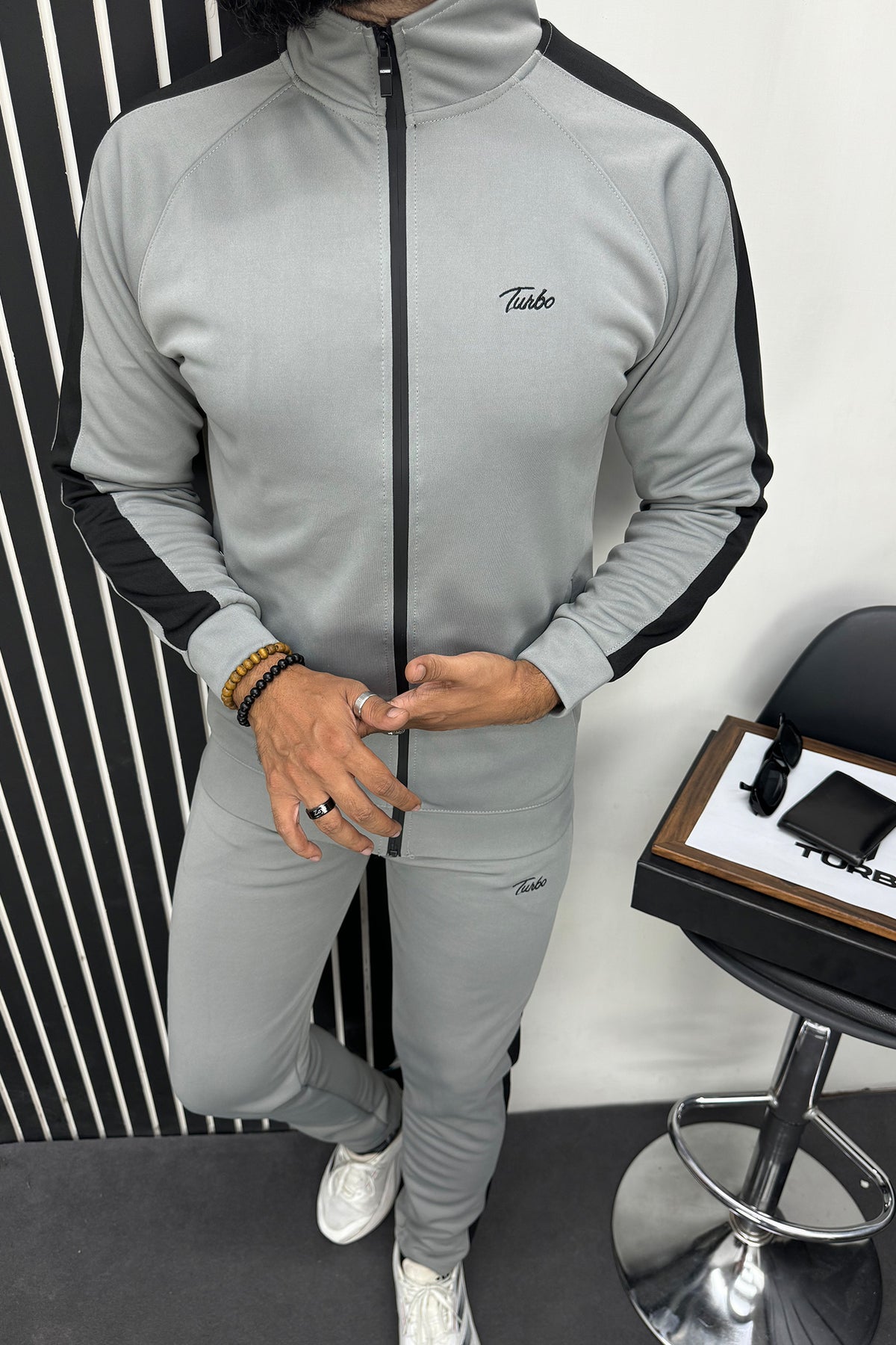 Turbo Panel Line Men Zipper Tracksuit In Light Grey