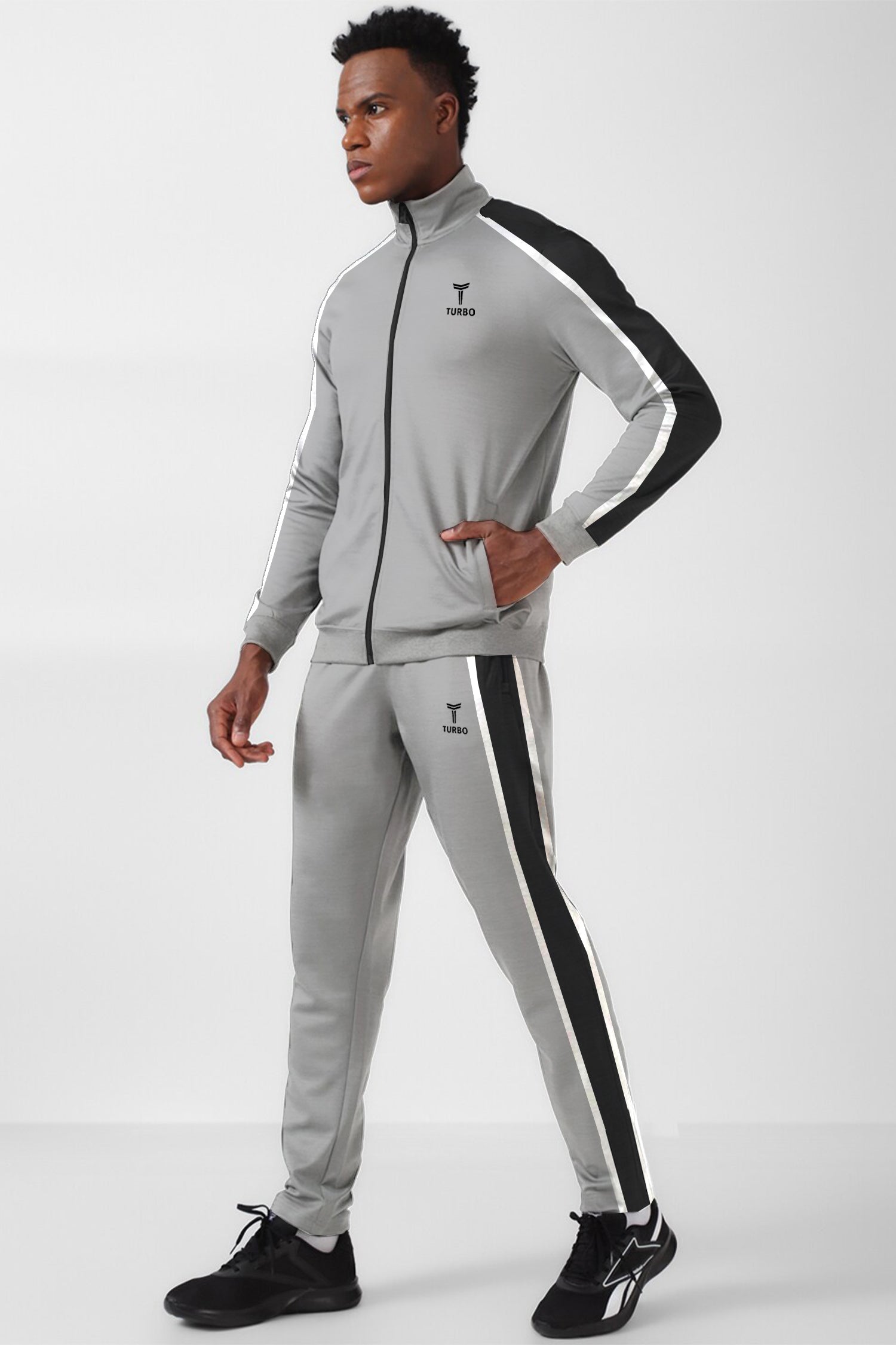 Turbo Signature Typography Men Zipper Tracksuit In Light Grey