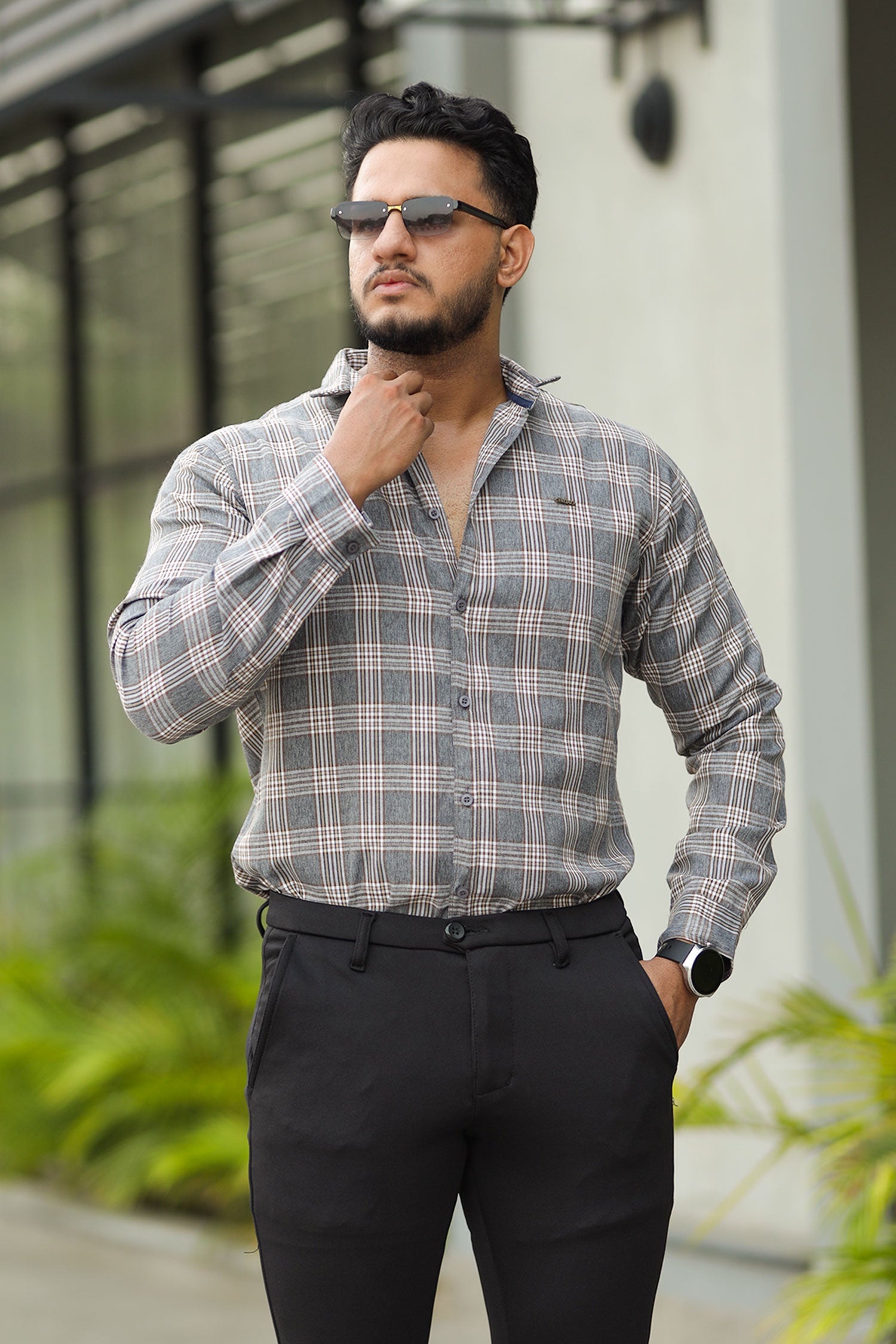 Turbo Tattersall Checkered Long Sleeve Cotton Casual Shirt In Grey