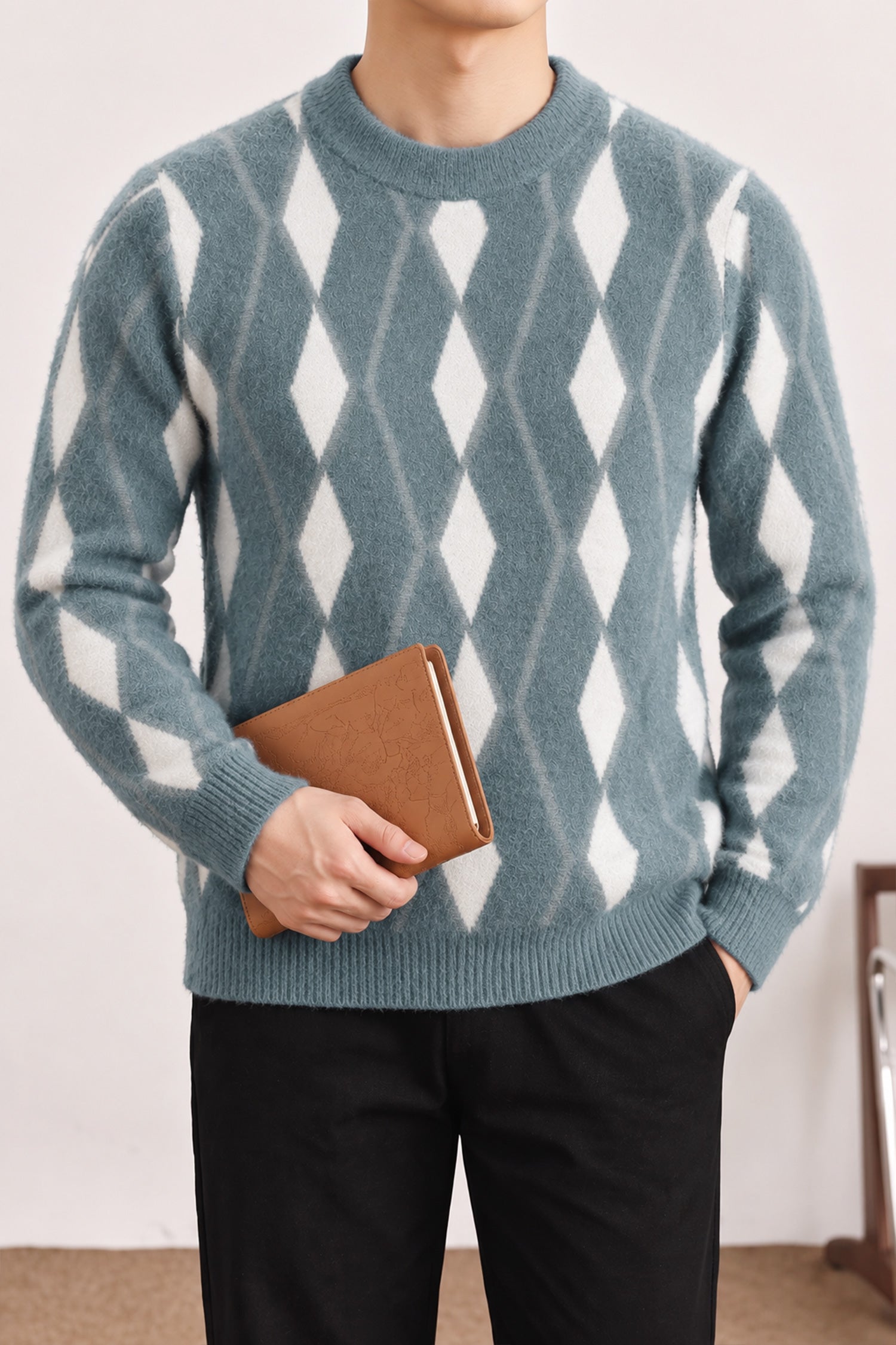 Diamond-Cut Pattern Imported Round Neck Rabbit Wool Men's Sweater In Grey