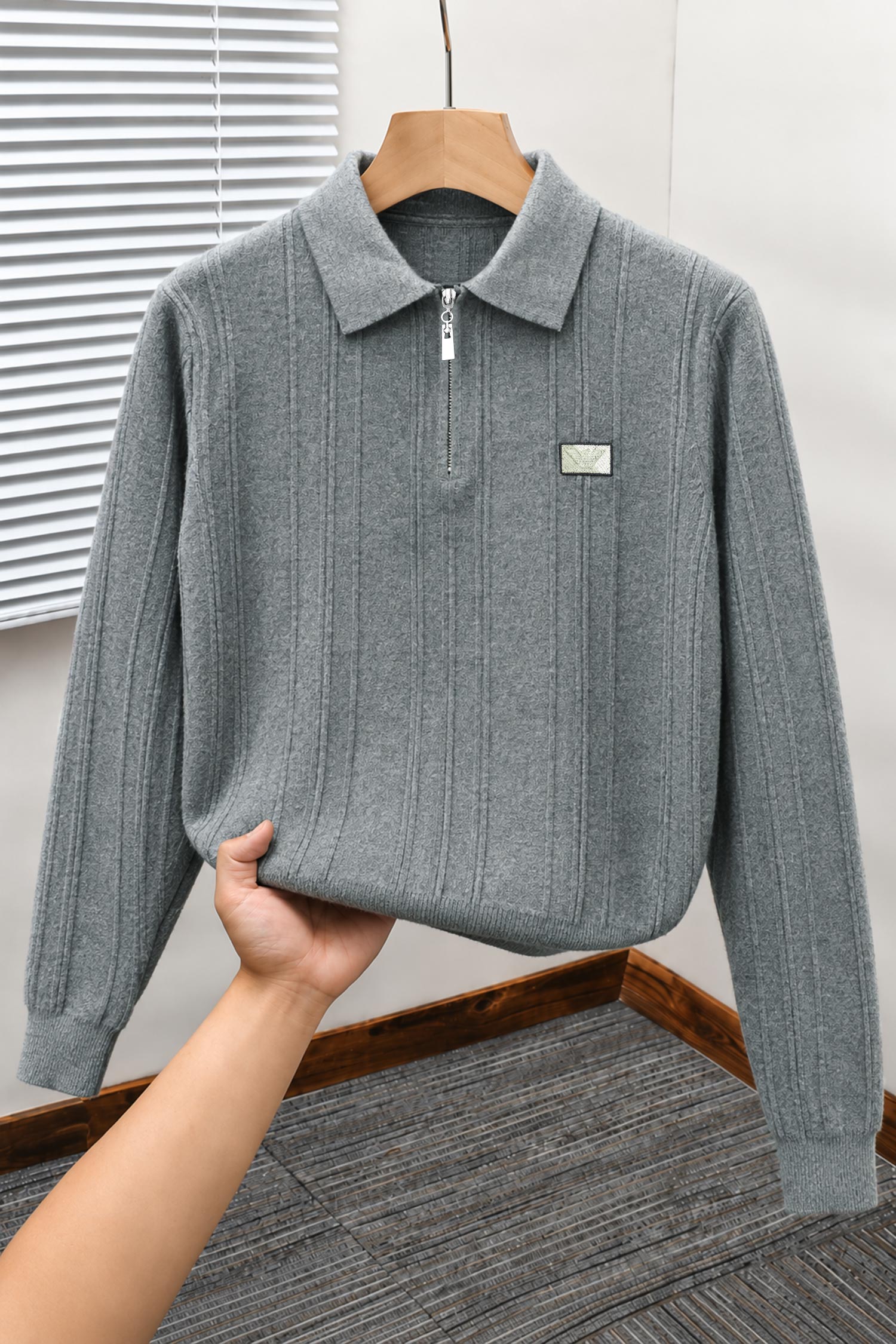 Armni Fine-Knit Collared Zipper Imported Men's Jumper Sweater In Grey