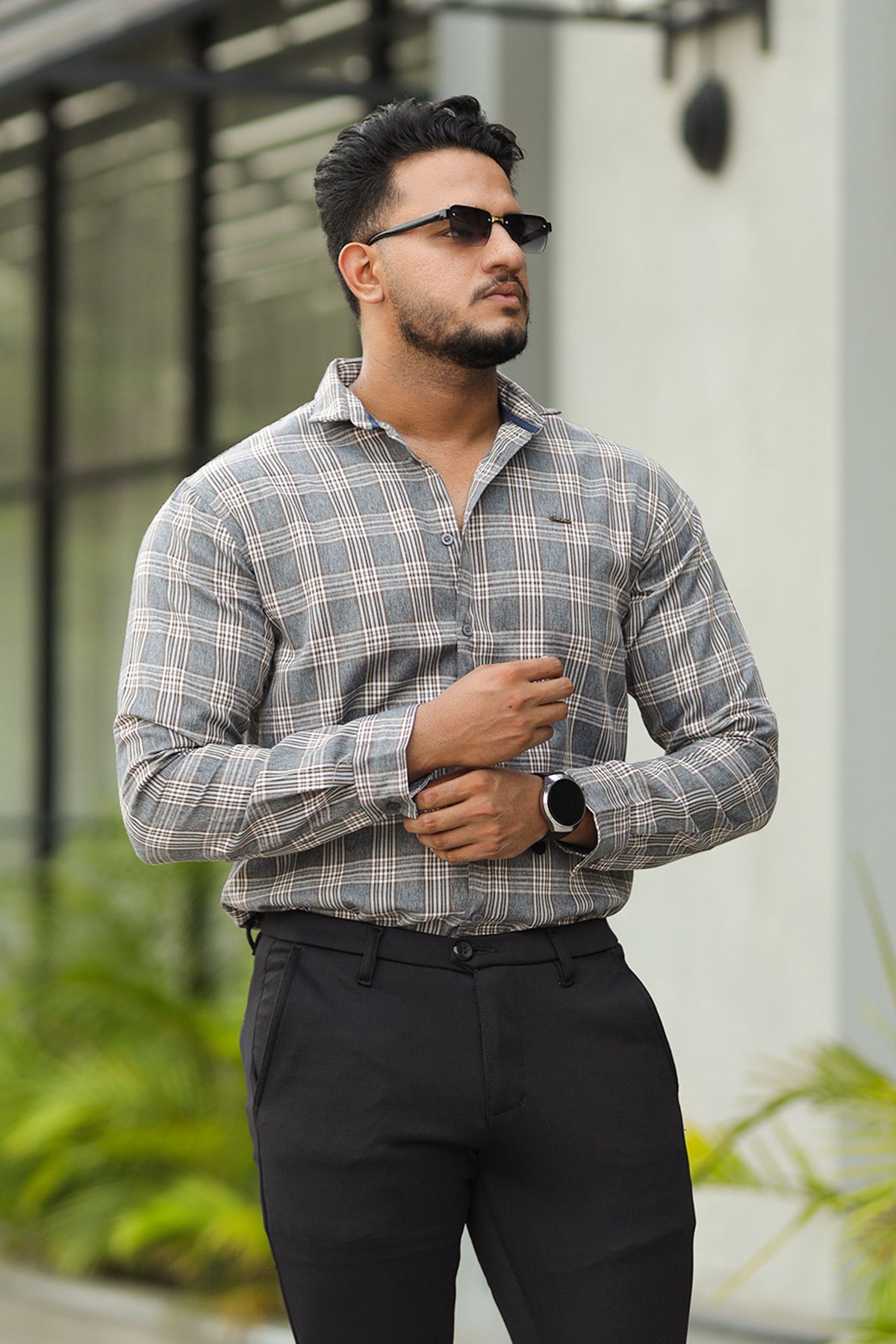 Turbo Tattersall Checkered Long Sleeve Cotton Casual Shirt In Grey