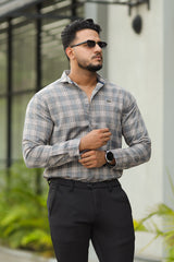 Turbo Tattersall Checkered Long Sleeve Cotton Casual Shirt In Grey