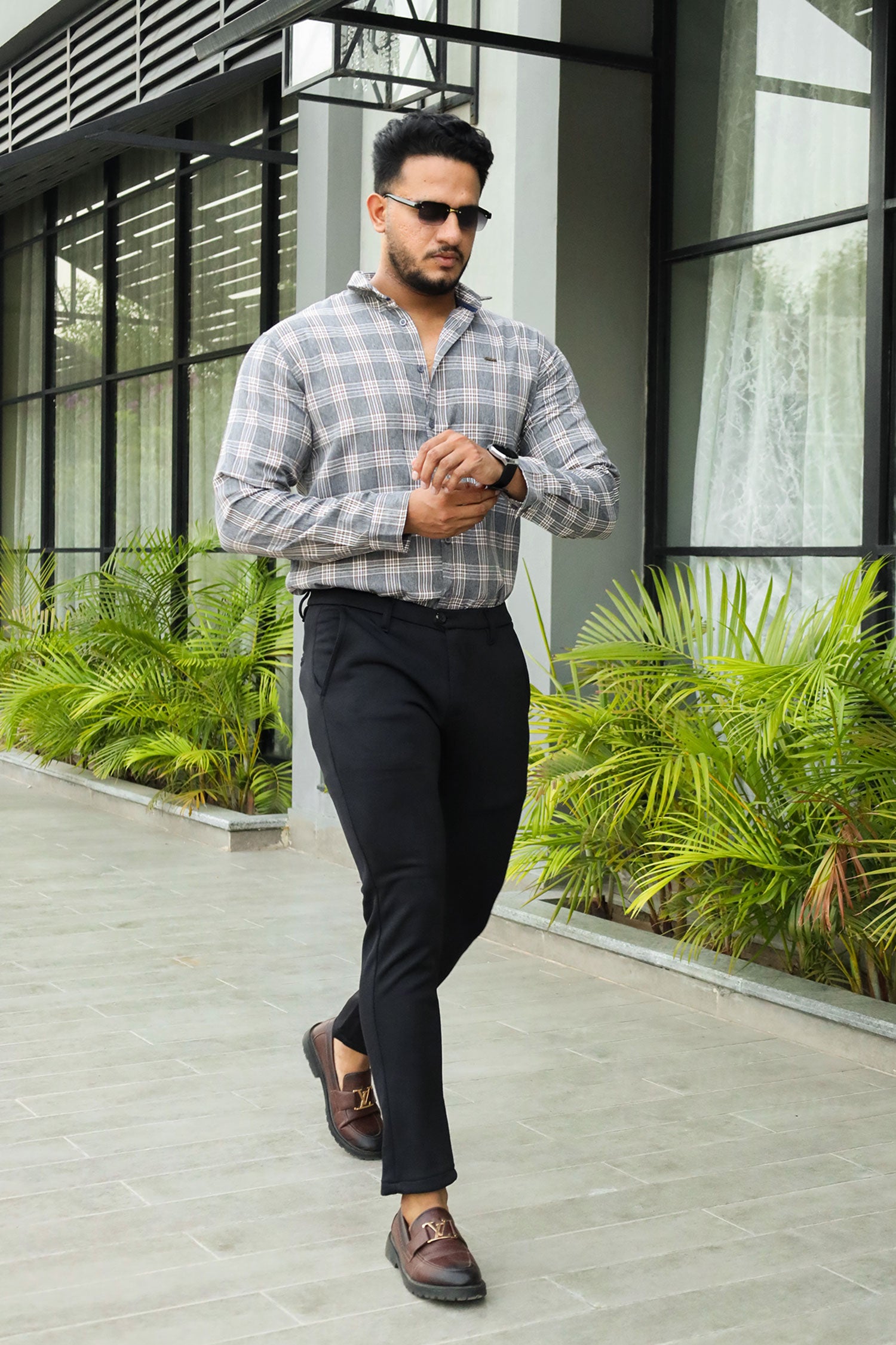 Turbo Tattersall Checkered Long Sleeve Cotton Casual Shirt In Grey