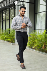 Turbo Tattersall Checkered Long Sleeve Cotton Casual Shirt In Grey