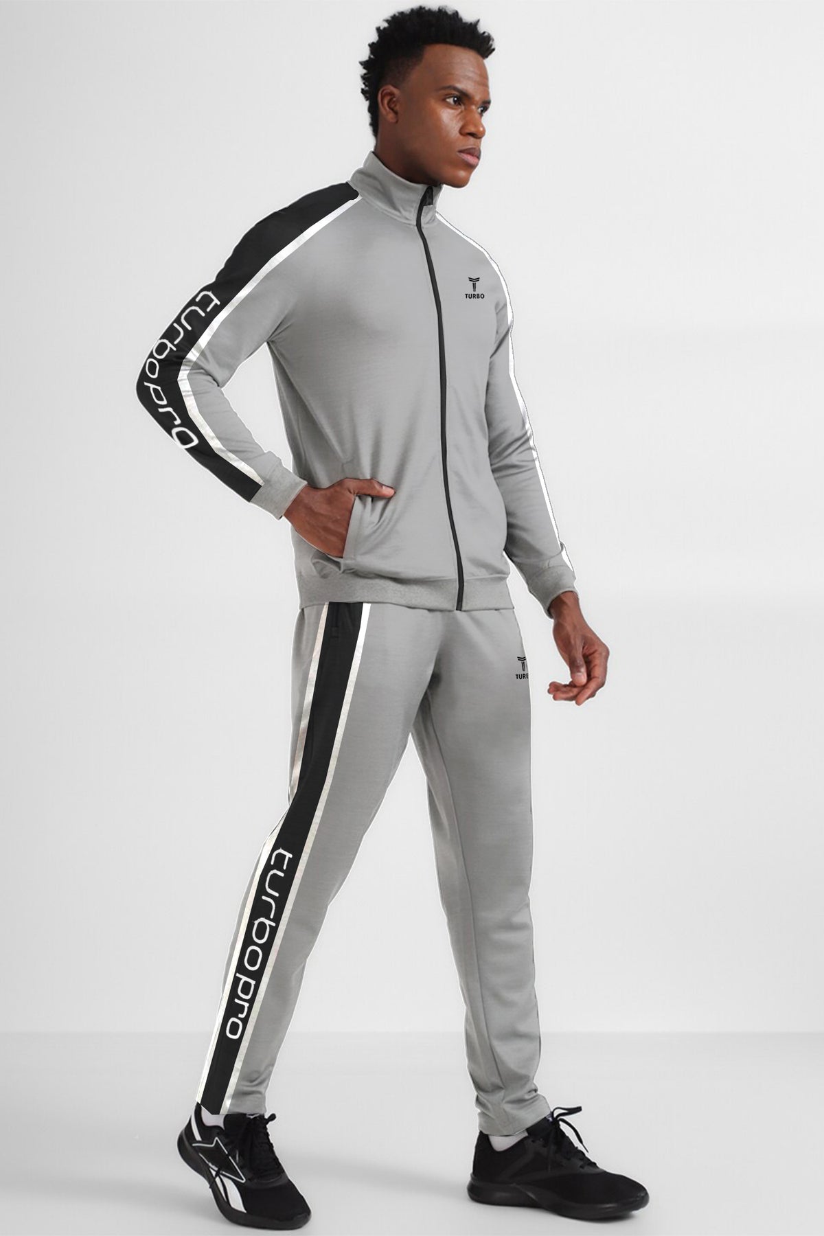 Turbo Signature Typography Men Zipper Tracksuit In Light Grey