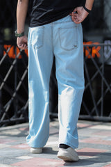 Loose Bottom Baggy Style Denim Turbo Jeans in Ice Blue