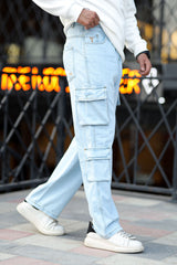 Turbo Classic Relaxed Cargo Denim Jeans In Ice Blue