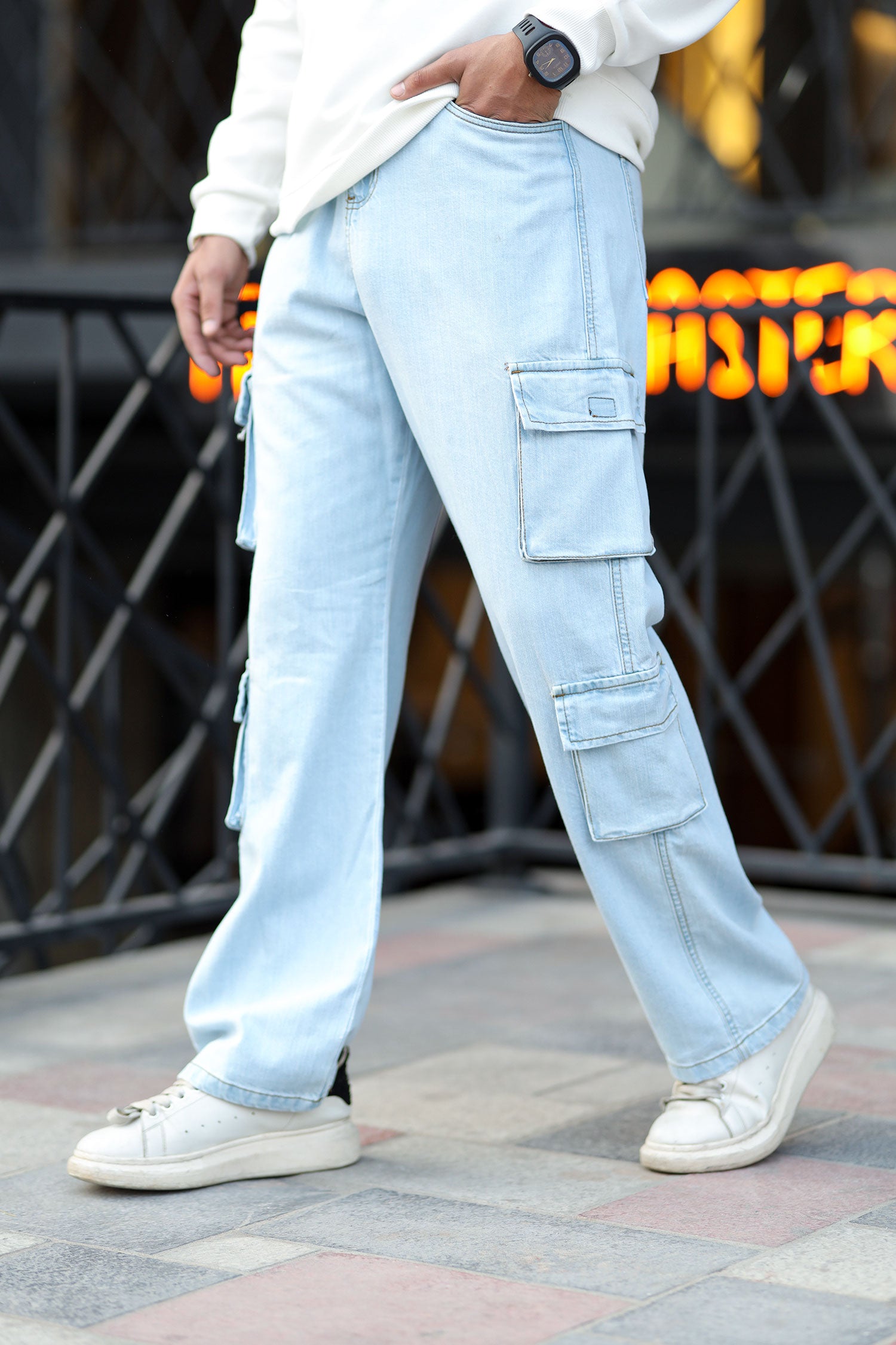 Turbo Classic Relaxed Cargo Denim Jeans In Ice Blue