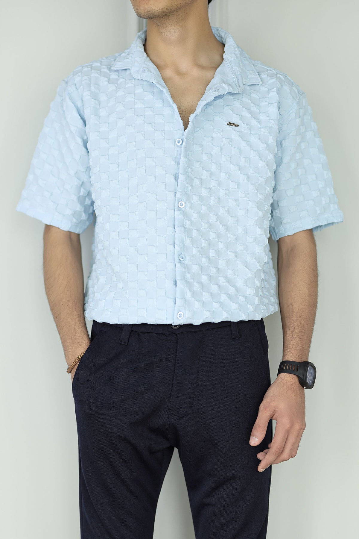 Turbo Puff Structured Pattern Casual Shirt In Ice Blue