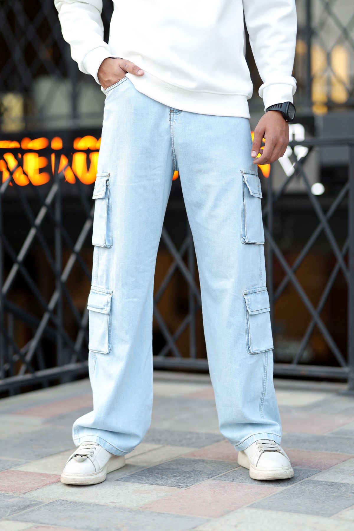 Turbo Classic Relaxed Cargo Denim Jeans In Ice Blue