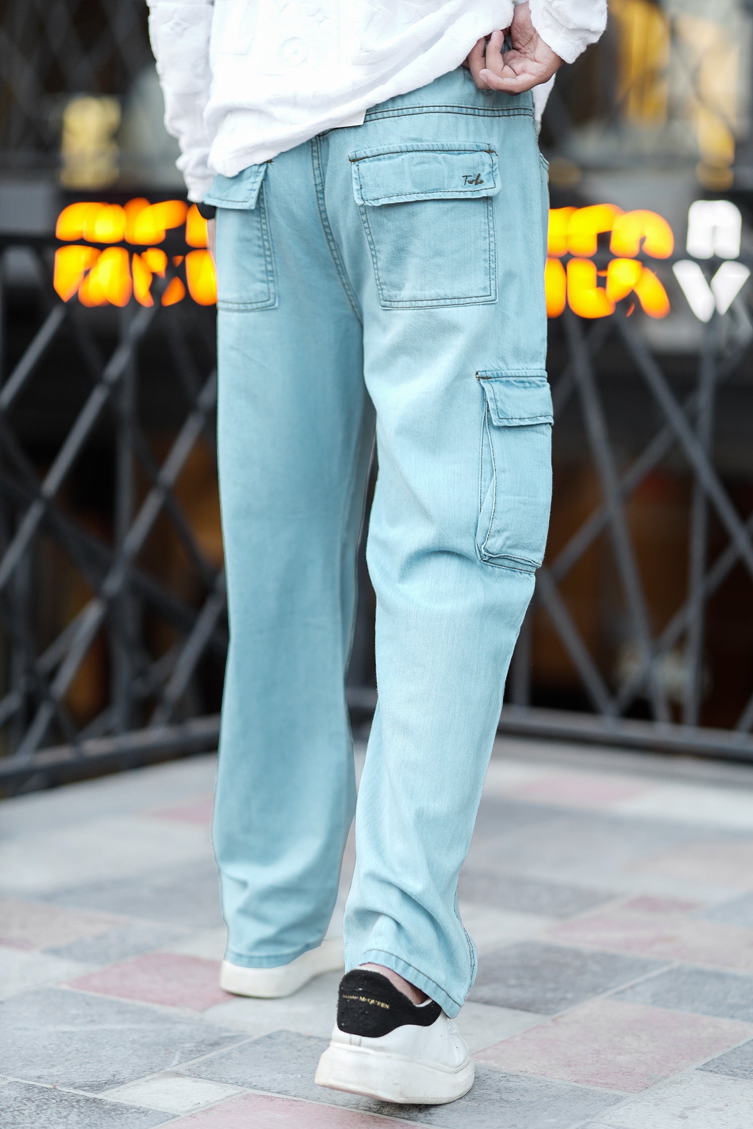 Turbo Vintage Style Cargo Denim Jeans In Ice Blue