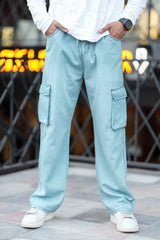 Turbo Vintage Style Cargo Denim Jeans In Ice Blue