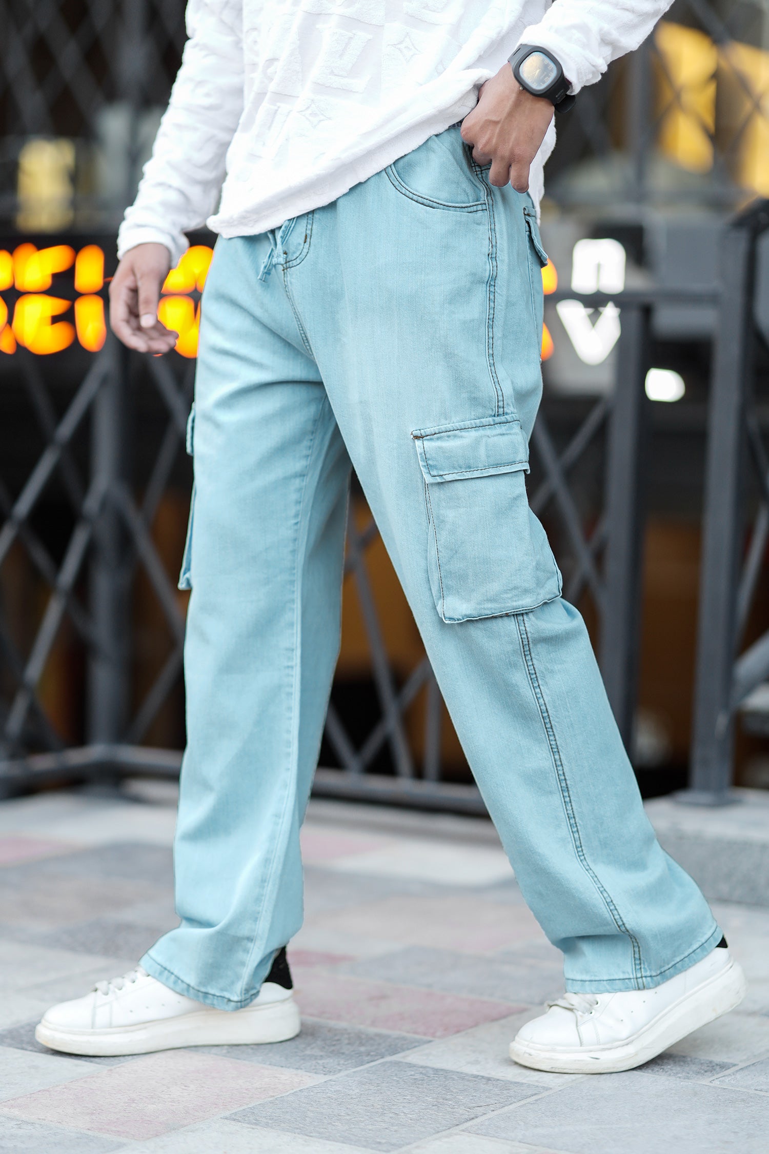 Turbo Vintage Style Cargo Denim Jeans In Ice Blue