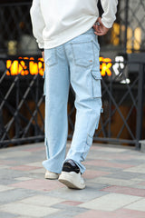 Turbo Pocket Design Cargo Denim Jeans In Ice Blue