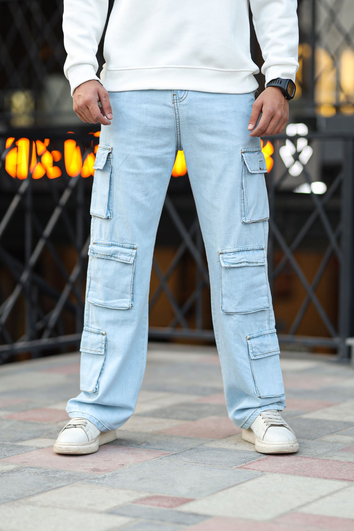 Turbo Pocket Design Cargo Denim Jeans In Ice Blue