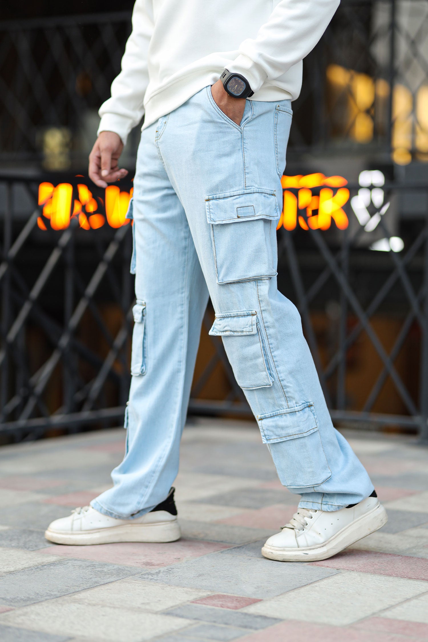 Turbo Pocket Design Cargo Denim Jeans In Ice Blue