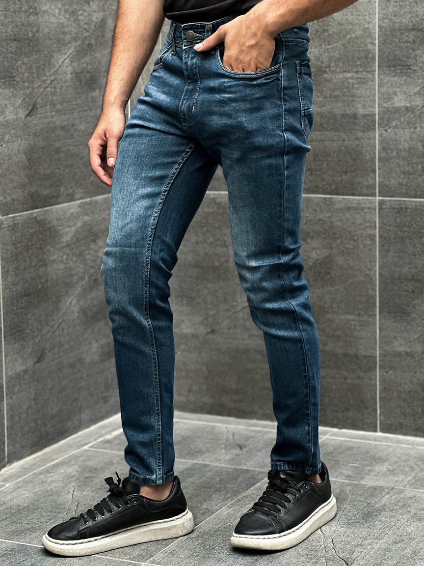 Turbo Pocket Logo Slim Fit Jeans in Mid Blue