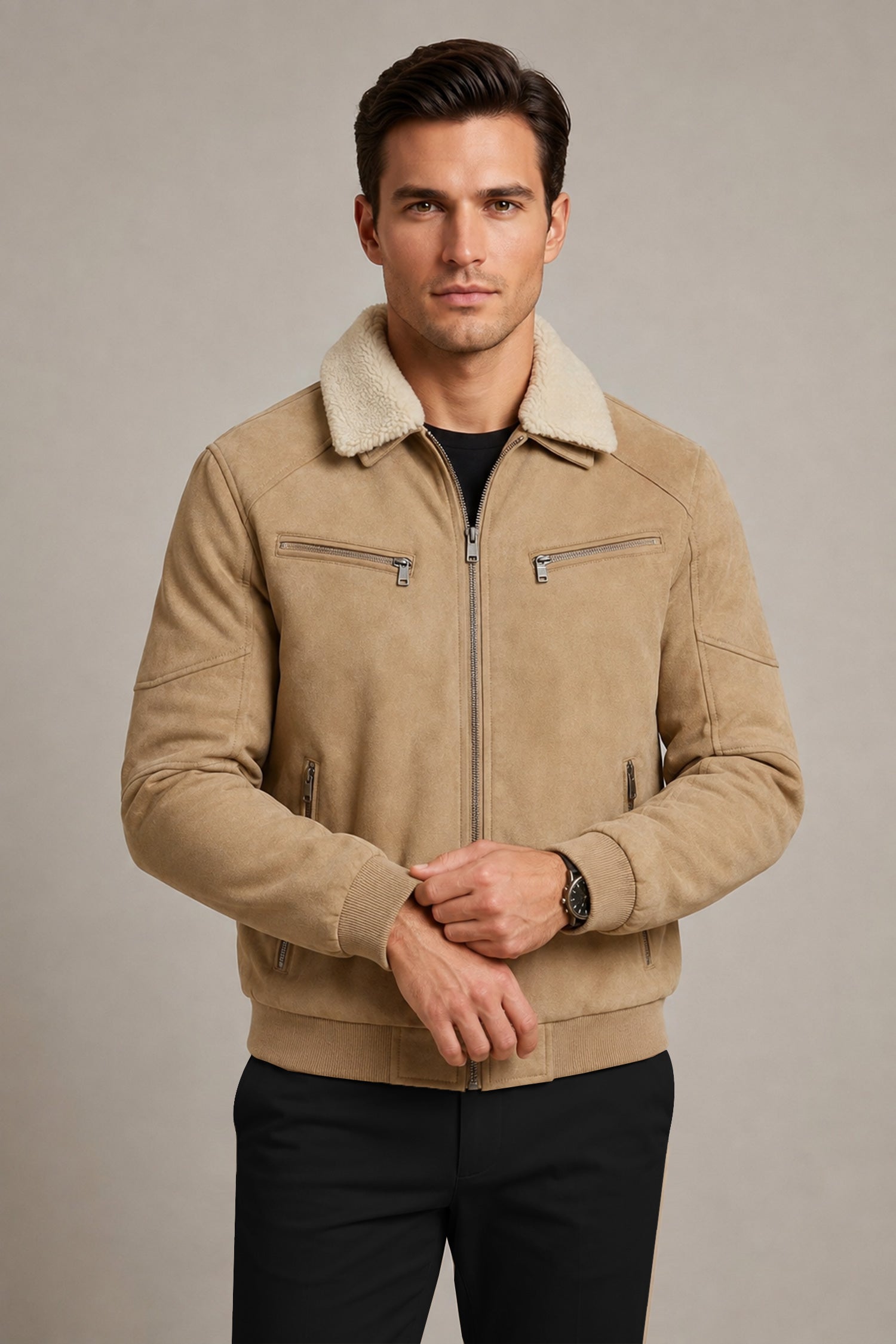 Men's Neutral Faux Imported Suede Jacket In Khaki