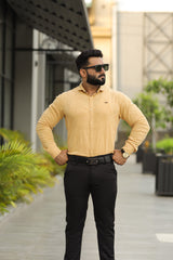 Turbo Vintage Patterend Long Sleeve Cotton Casual Shirt In Khaaki