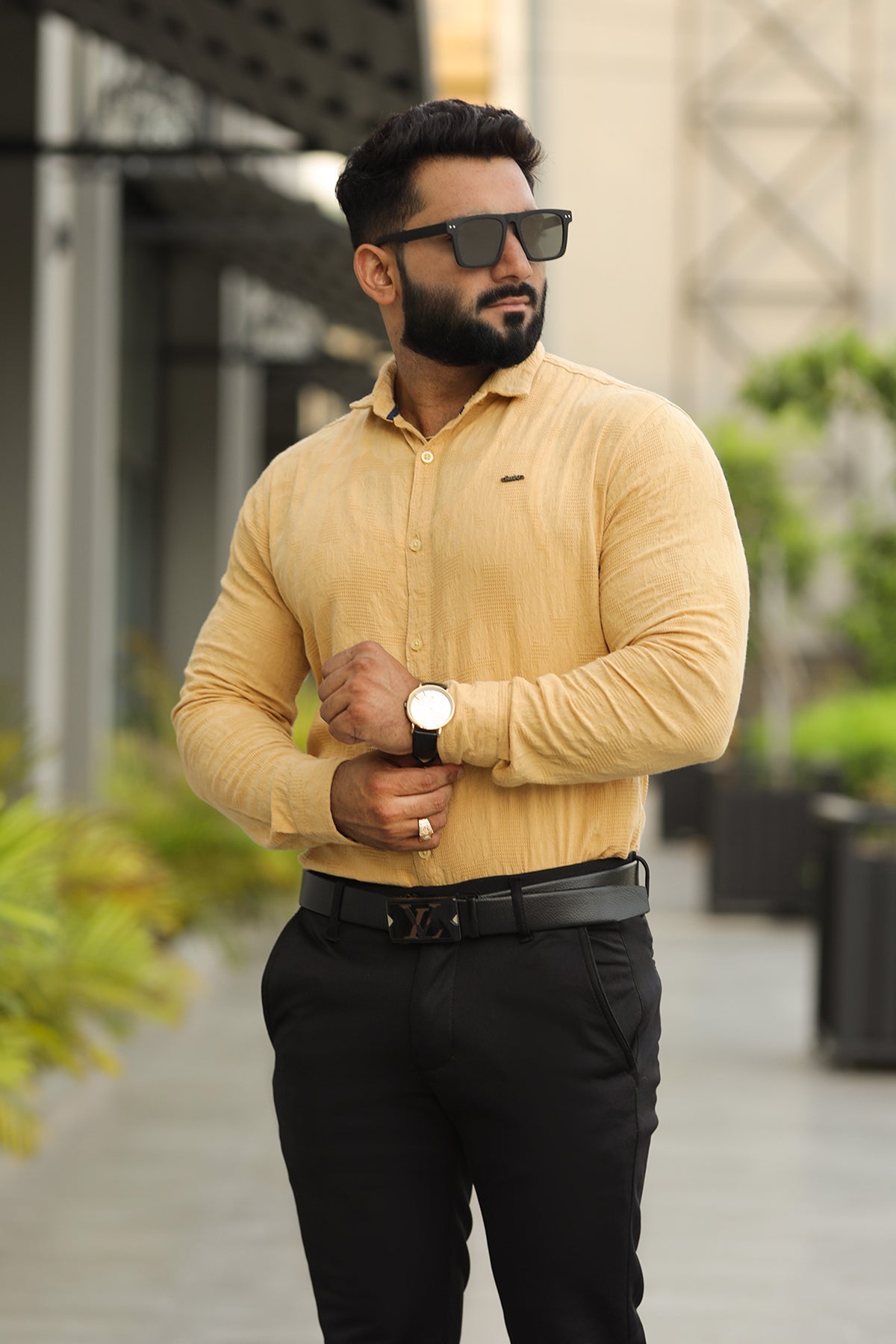 Turbo Vintage Patterend Long Sleeve Cotton Casual Shirt In Khaaki