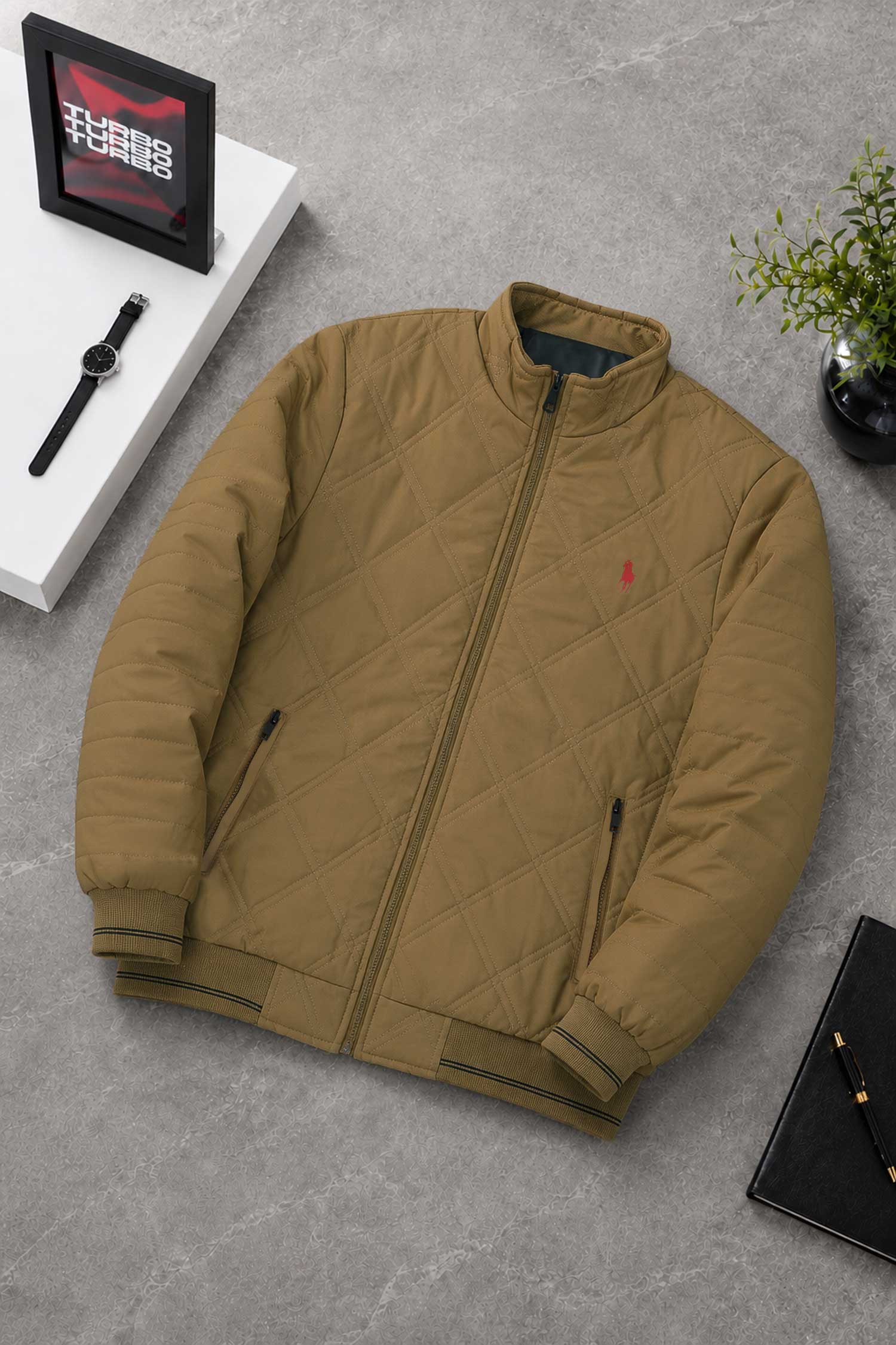 Polo R//L Quilted Diamond Cut Imported Parachute Puffer Jacket In Khaki