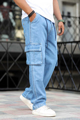 Denim Men's Multipockets Baggy Jeans In Light Blue