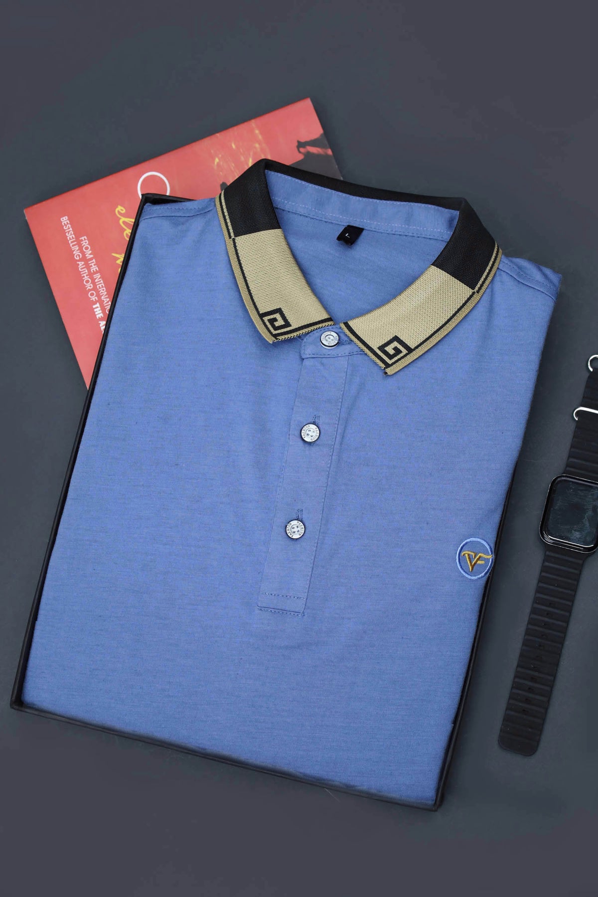 Two Tone Banded Collar And Sleeve Polo Shirt In Light Blue