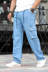 Denim Men's Multipockets Baggy Jeans In Light Blue