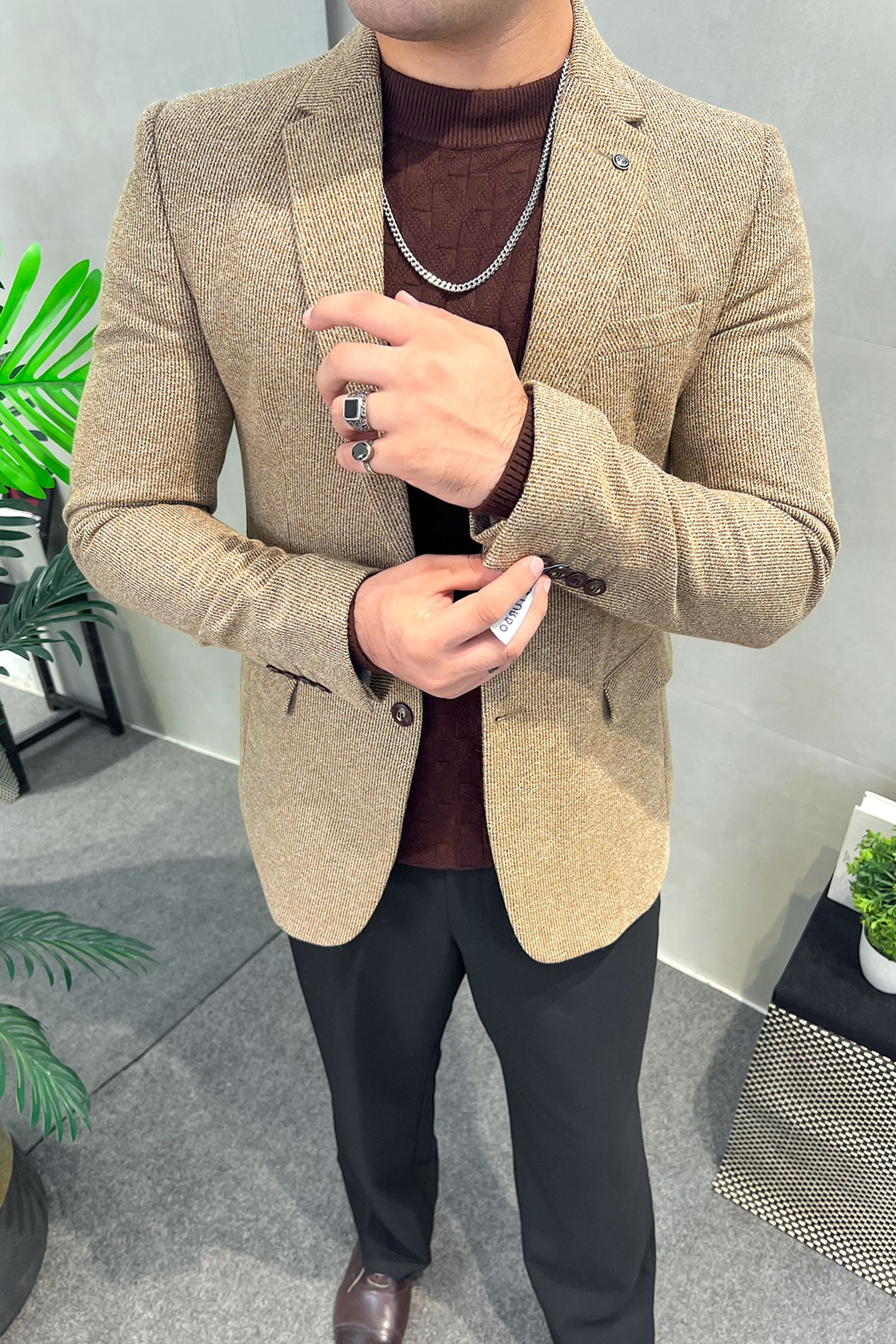 Turbo Modern Micro-Textured Imported Men Blazer In Light Brown