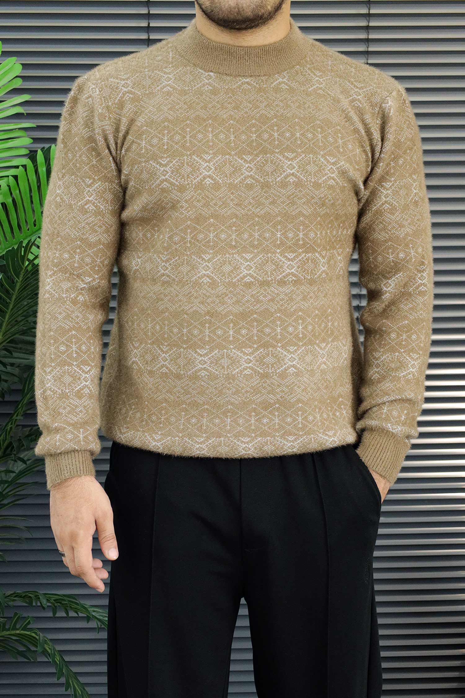 Aesthetic Geometric Patterned  Imported Round Neck Rabbit Wool Men's Sweater In Light Brown