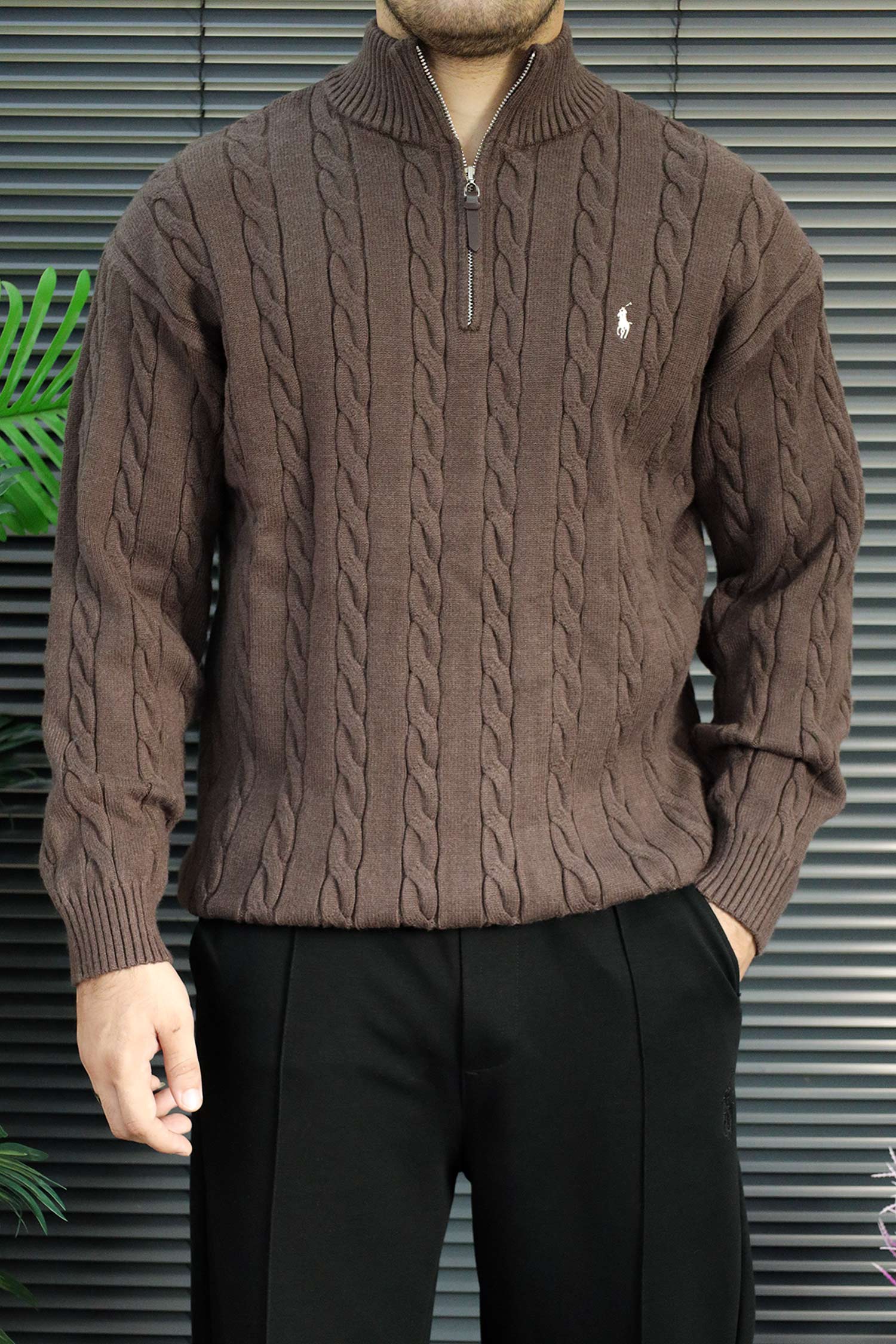 Polo Pony Half-Zip Cable Knit Texture Imported Men's Jumper Sweater In Light Choclate