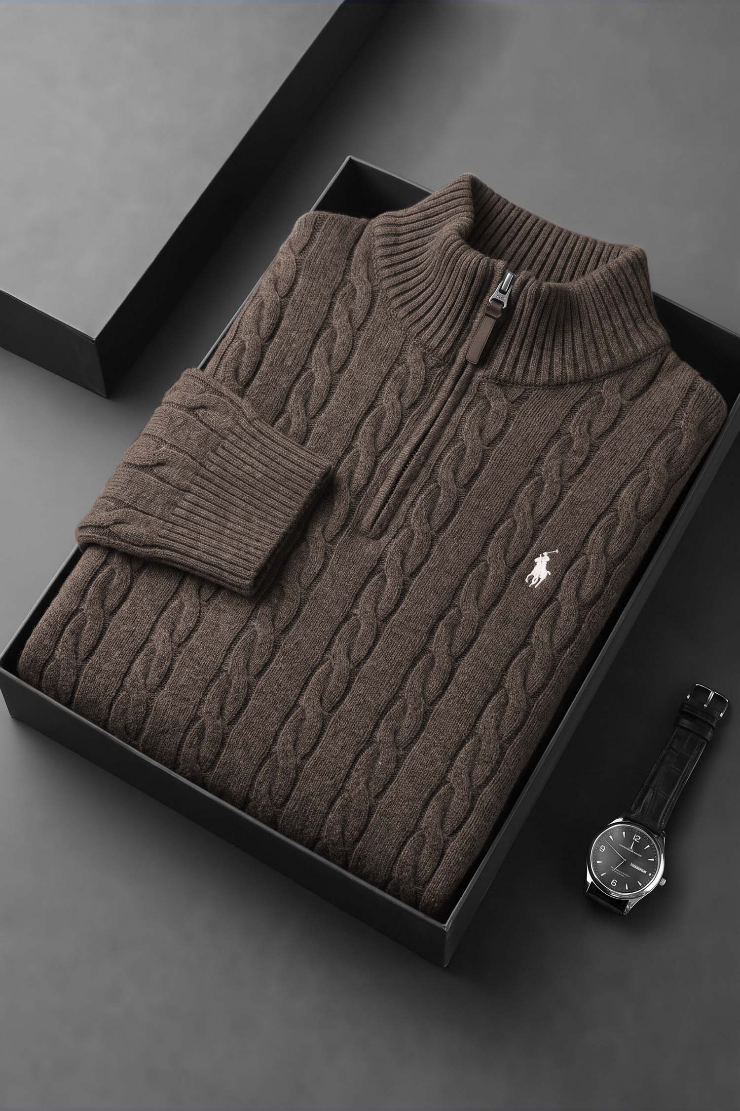 Polo Pony Half-Zip Cable Knit Texture Imported Men's Jumper Sweater In Light Choclate