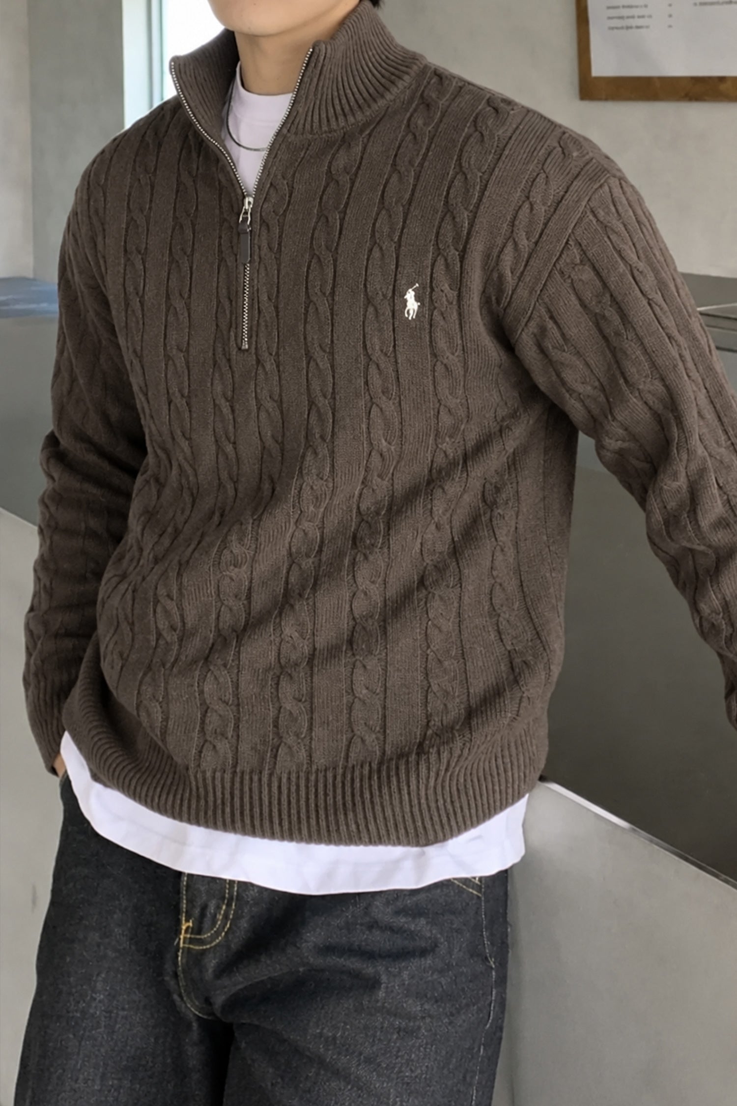 Polo Pony Half-Zip Cable Knit Texture Imported Men's Jumper Sweater In Light Choclate