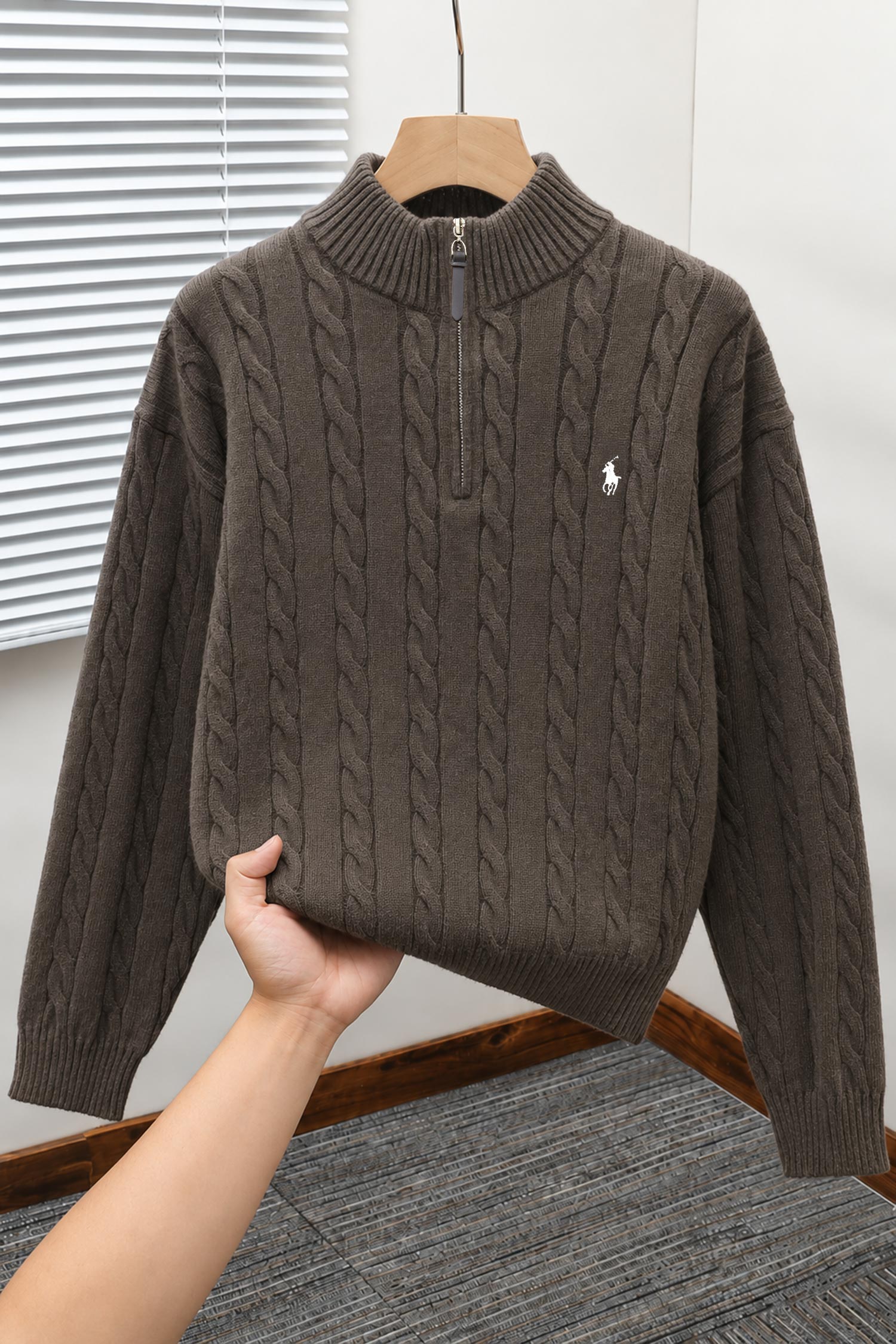 Polo Pony Half-Zip Cable Knit Texture Imported Men's Jumper Sweater In Light Choclate