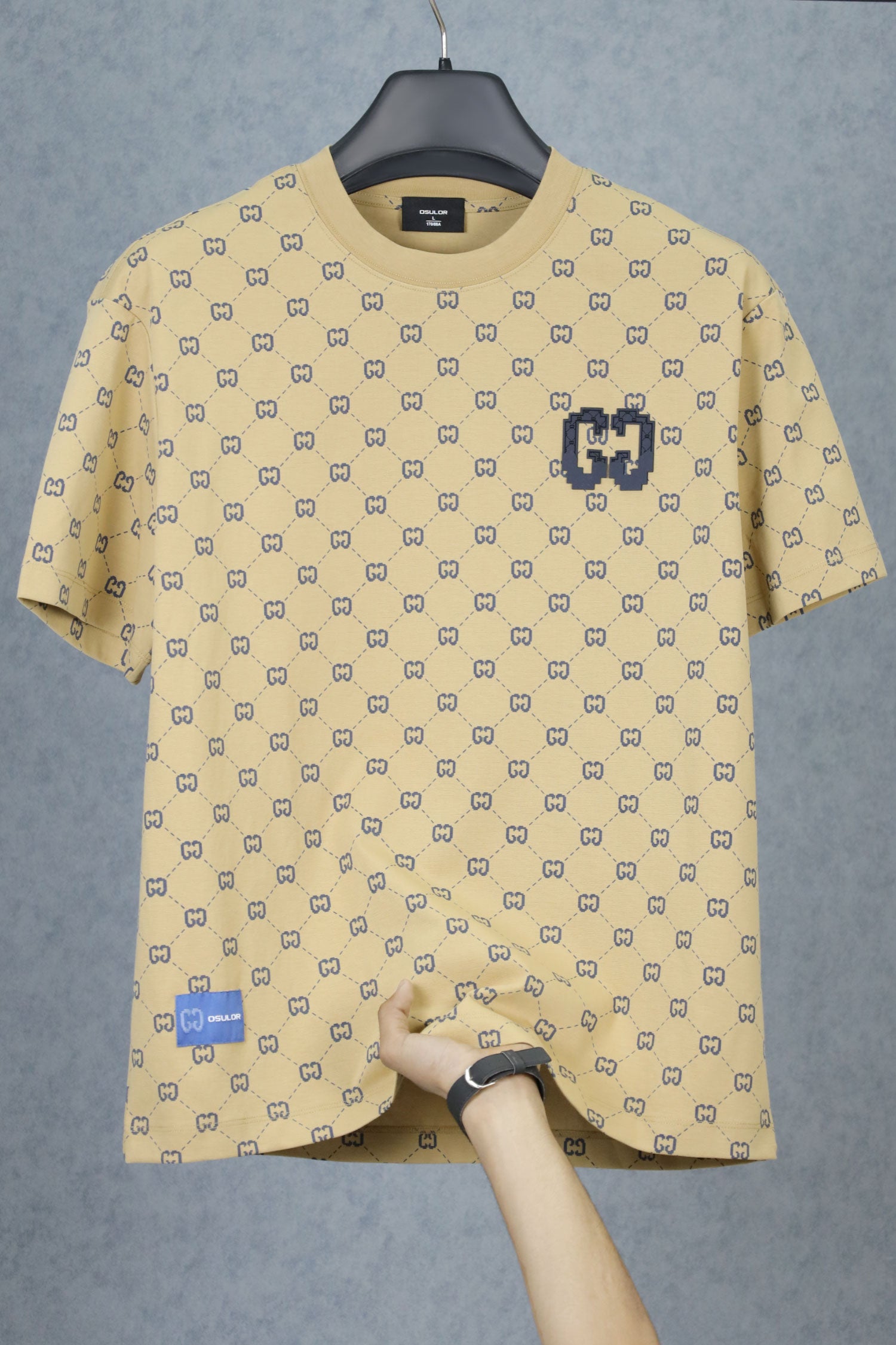 Oslor All Over MonoGrammed Crew Neck Tee In Light Camel