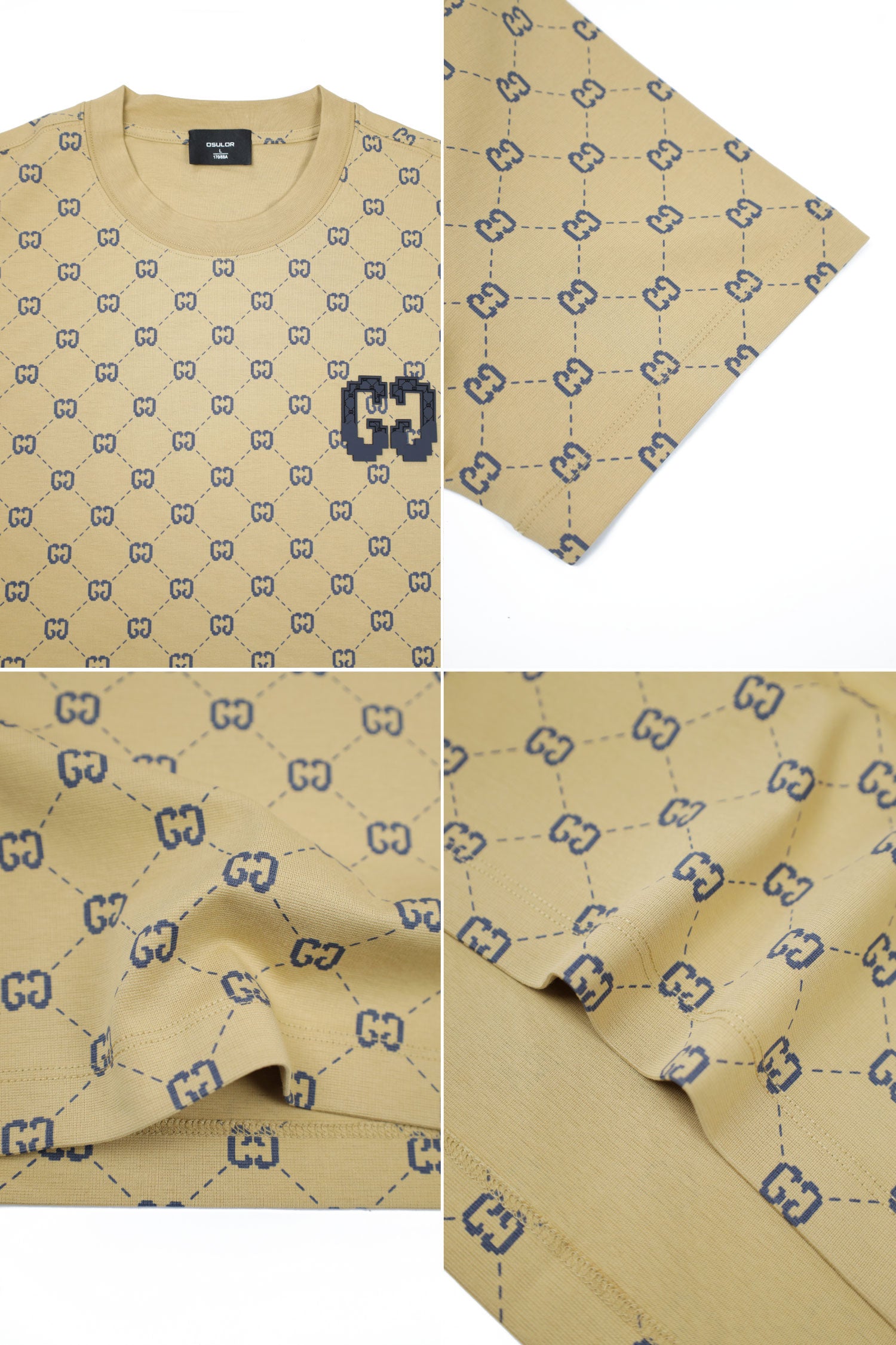 Oslor All Over MonoGrammed Crew Neck Tee In Light Camel