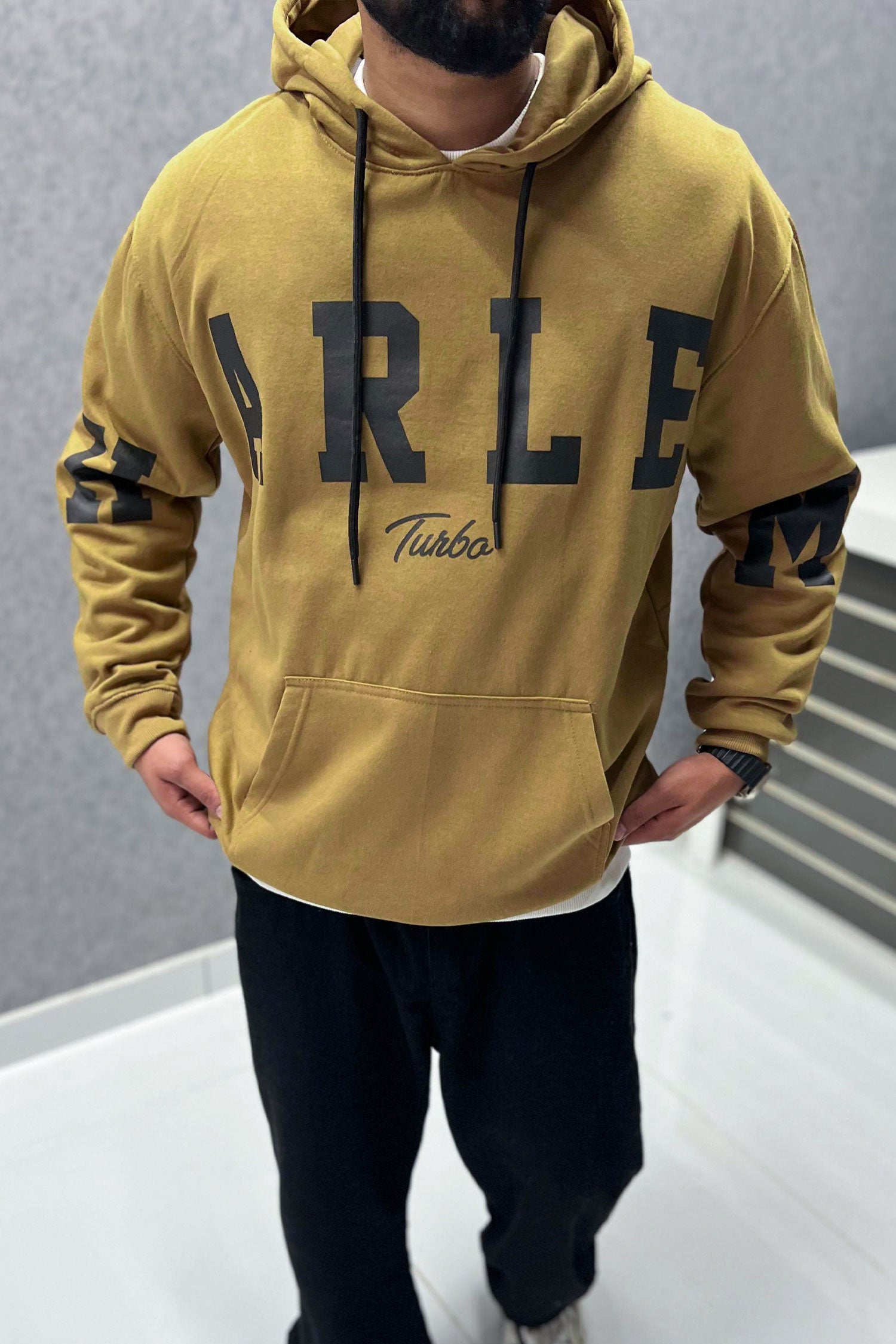 Turbo Harlem Signature Slogan Fleece Hoodie In Light Camel