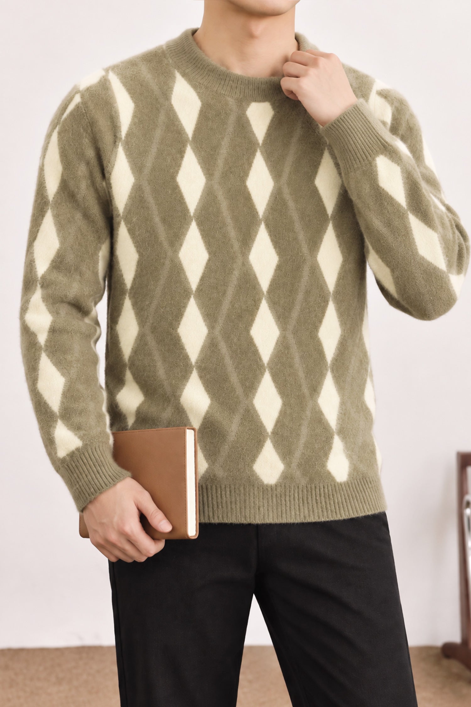 Diamond-Cut Pattern Imported Round Neck Rabbit Wool Men's Sweater In Light Camel