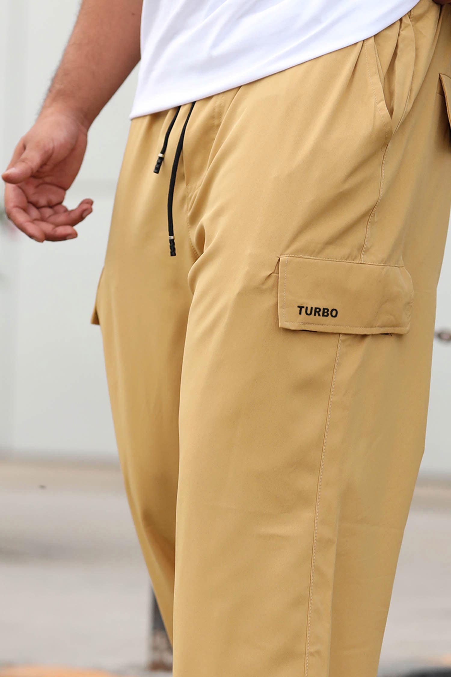 Turbo Typography Loose Bottom Cargo Trouser In Light Camel