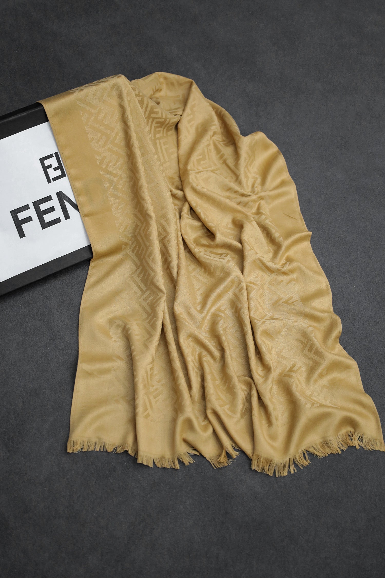 Fndi Self Pattern Luxury Silk Men Mufflers In Light Camel