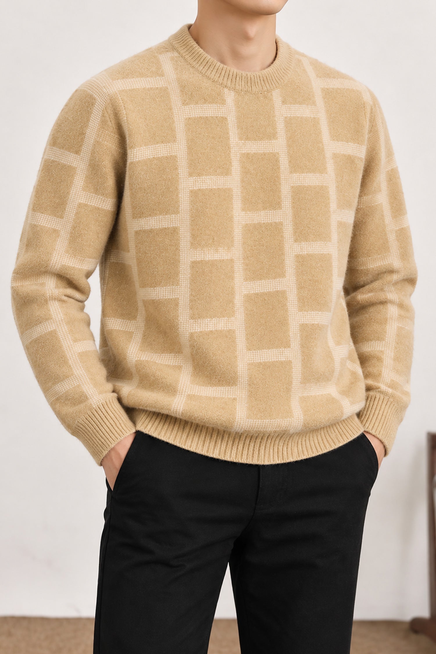 Brick Design Pattern Imported Round Neck Rabbit Wool Men's Sweater In Light Camel
