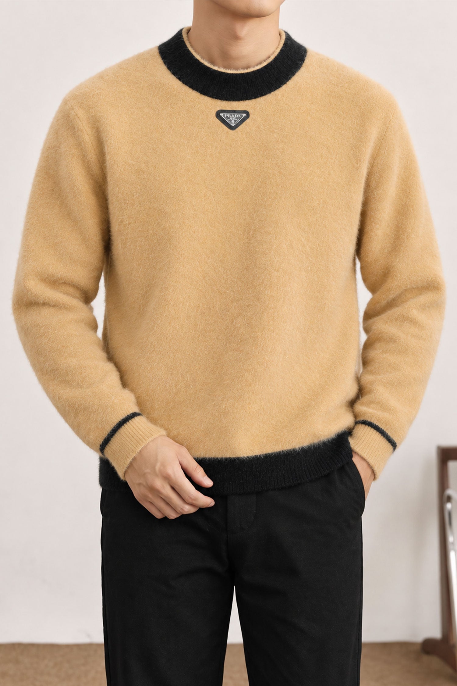 Prda Long Sleeve Pullover Imported Round Neck Rabbit Wool Men's Sweater In Light Camel
